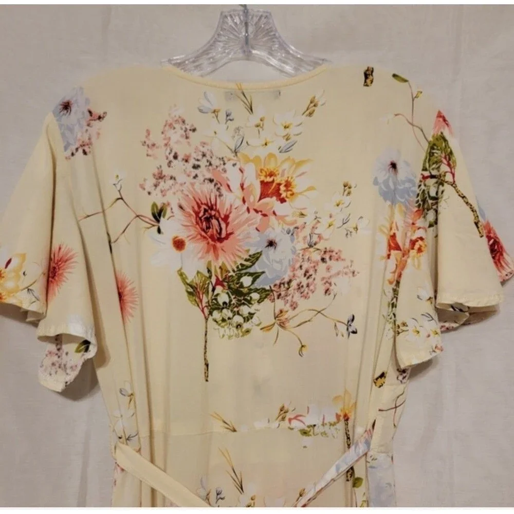 Acanela Expedition Women's Floral Wrap Midi Raffledi Dress Flutter Sleeve Size L